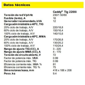 Datos tecnicos Caddy tig Esab 2200I